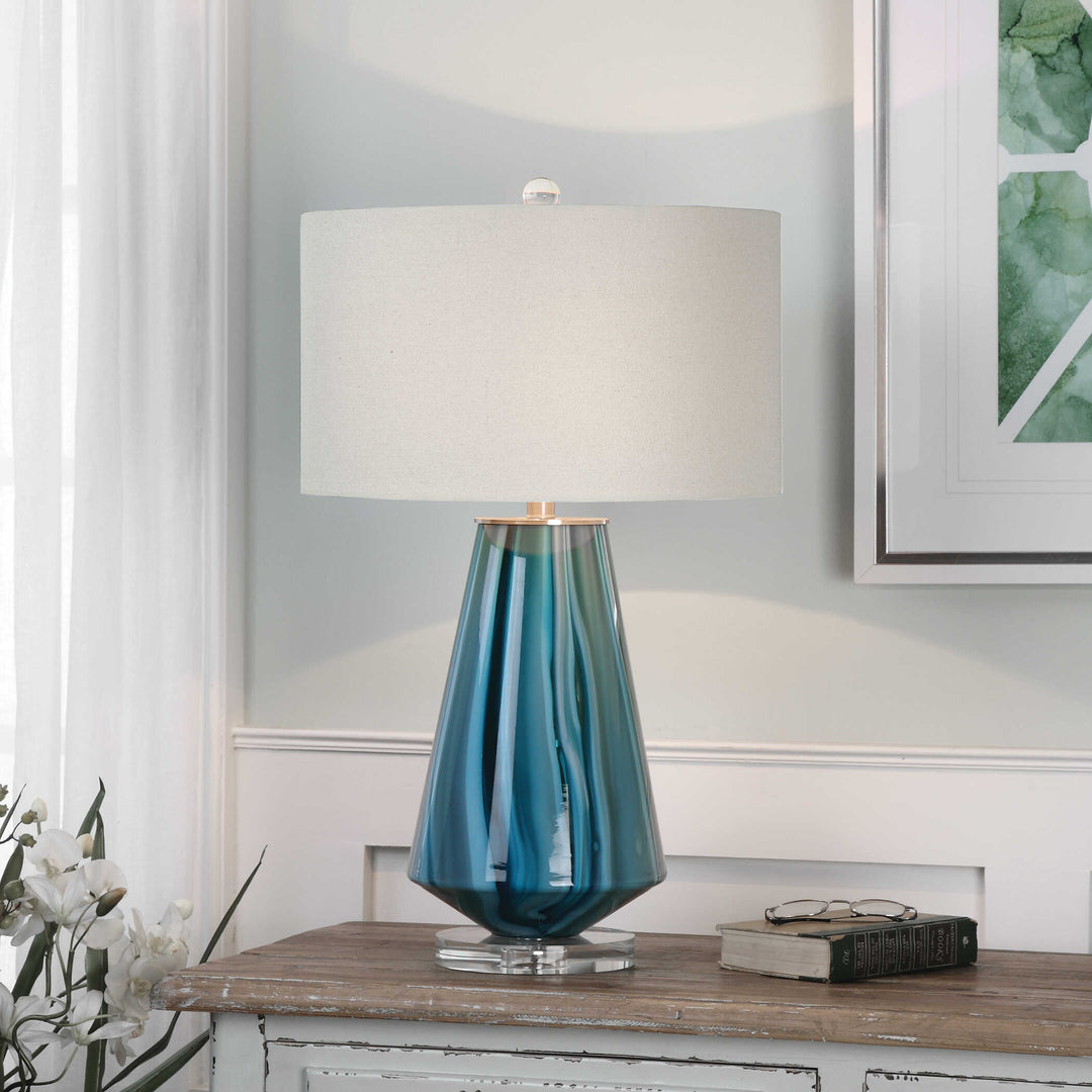 American Home Furniture Uttermost Pescara Teal-Gray Glass Lamp