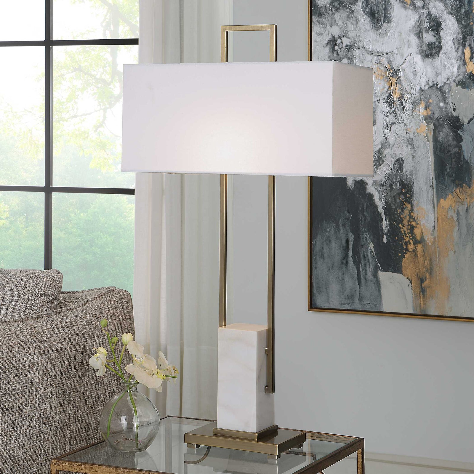American Home Furniture Uttermost Column White Marble Table Lamp