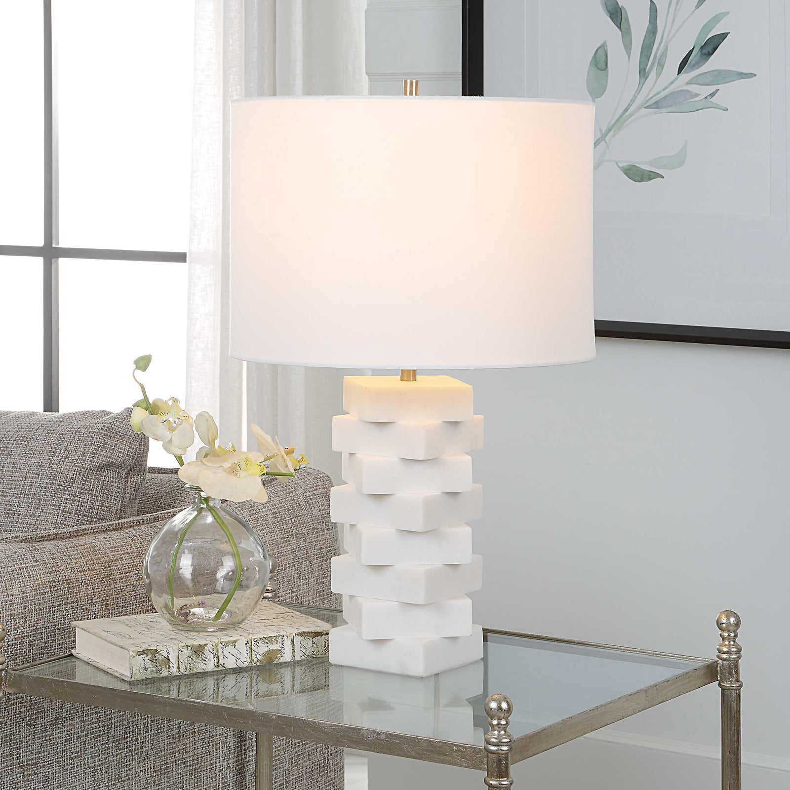 American Home Furniture Uttermost Ascent White Geometric Table Lamp