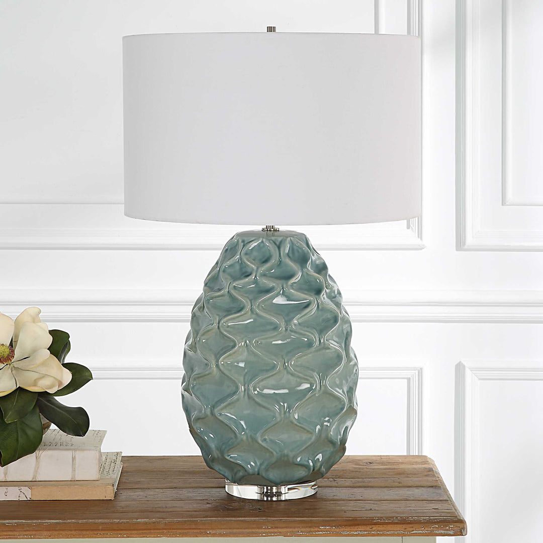 American Home Furniture Uttermost Laced Up Sea Foam Glass Table Lamp