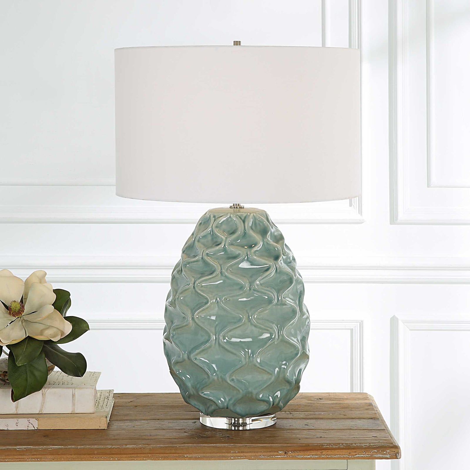 American Home Furniture Uttermost Laced Up Sea Foam Glass Table Lamp