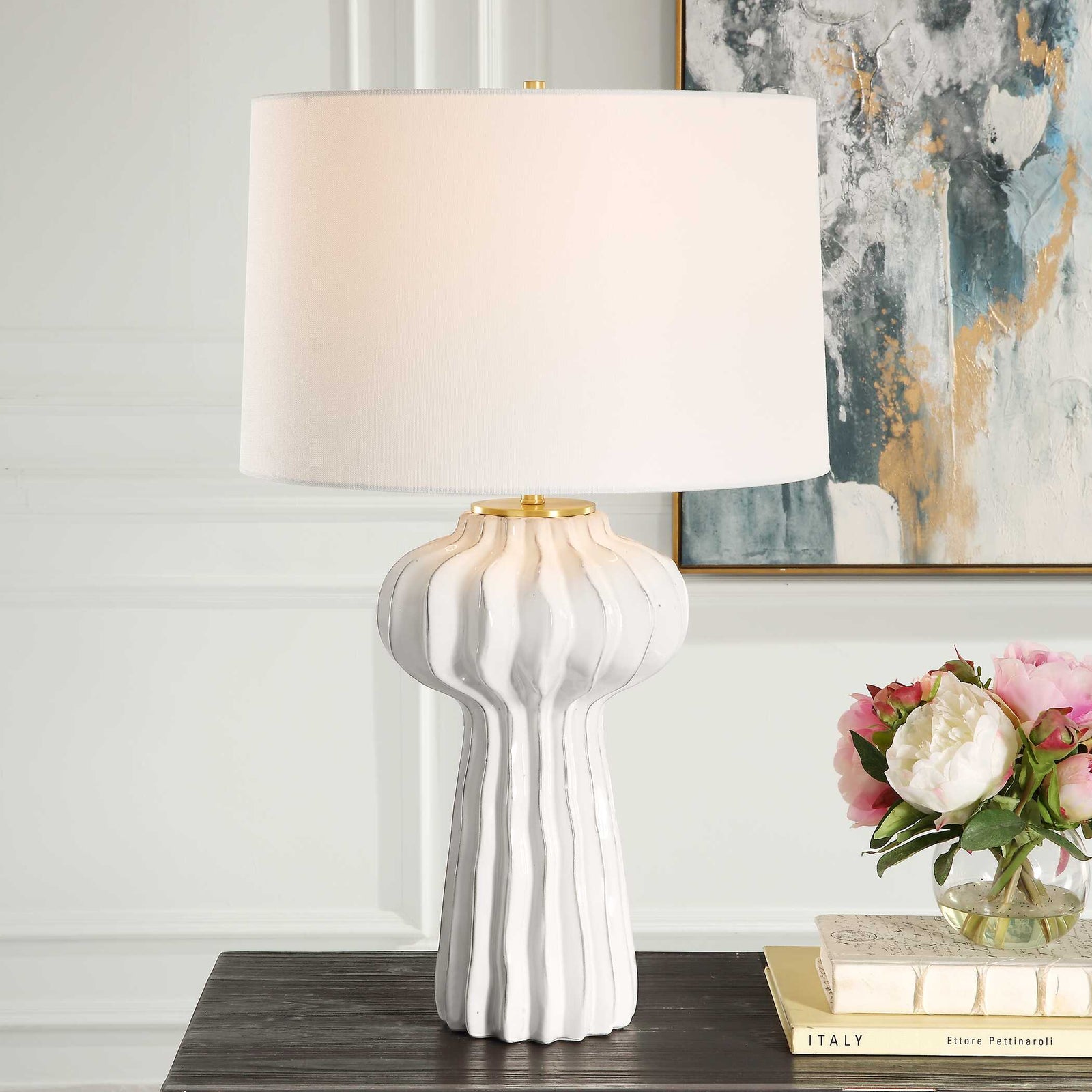 American Home Furniture Uttermost Wrenley Ridged White Table Lamp