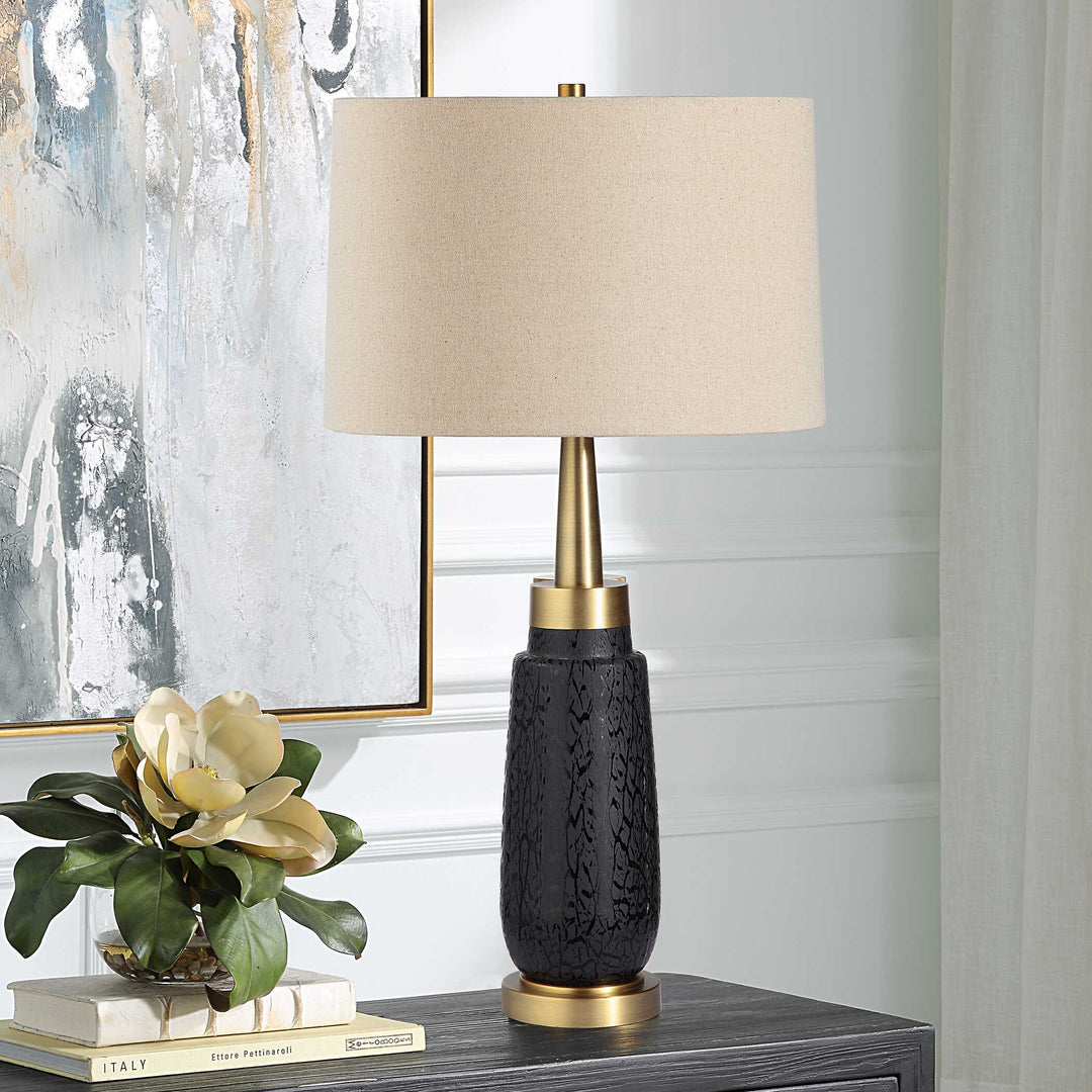 American Home Furniture Uttermost Spyglass Black Wood Grain Table Lamp