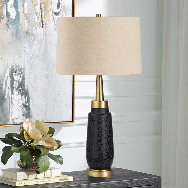 American Home Furniture Uttermost Spyglass Black Wood Grain Table Lamp