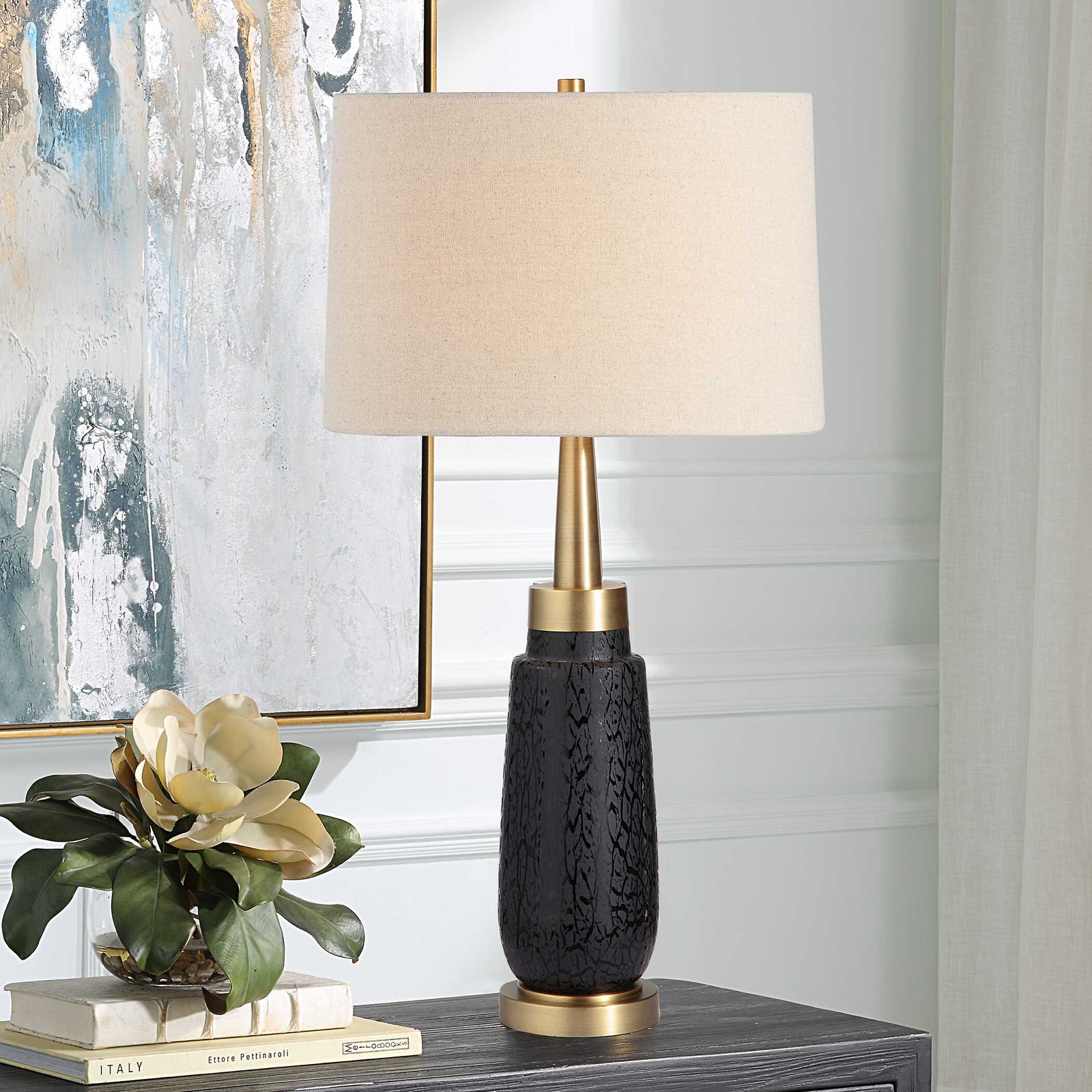 American Home Furniture Uttermost Spyglass Black Wood Grain Table Lamp