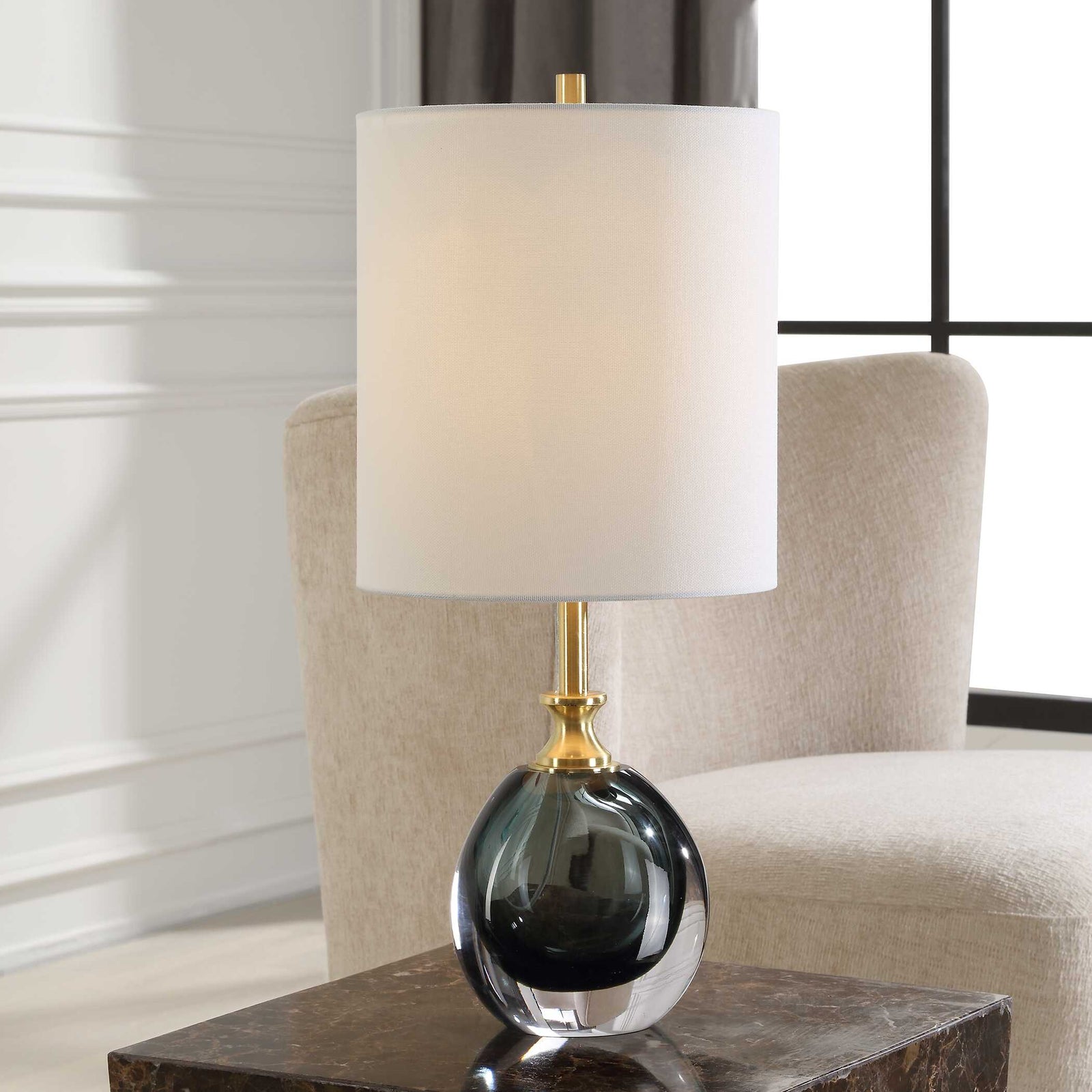 American Home Furniture Uttermost Enigma Teal Blue Glass Buffet Lamp