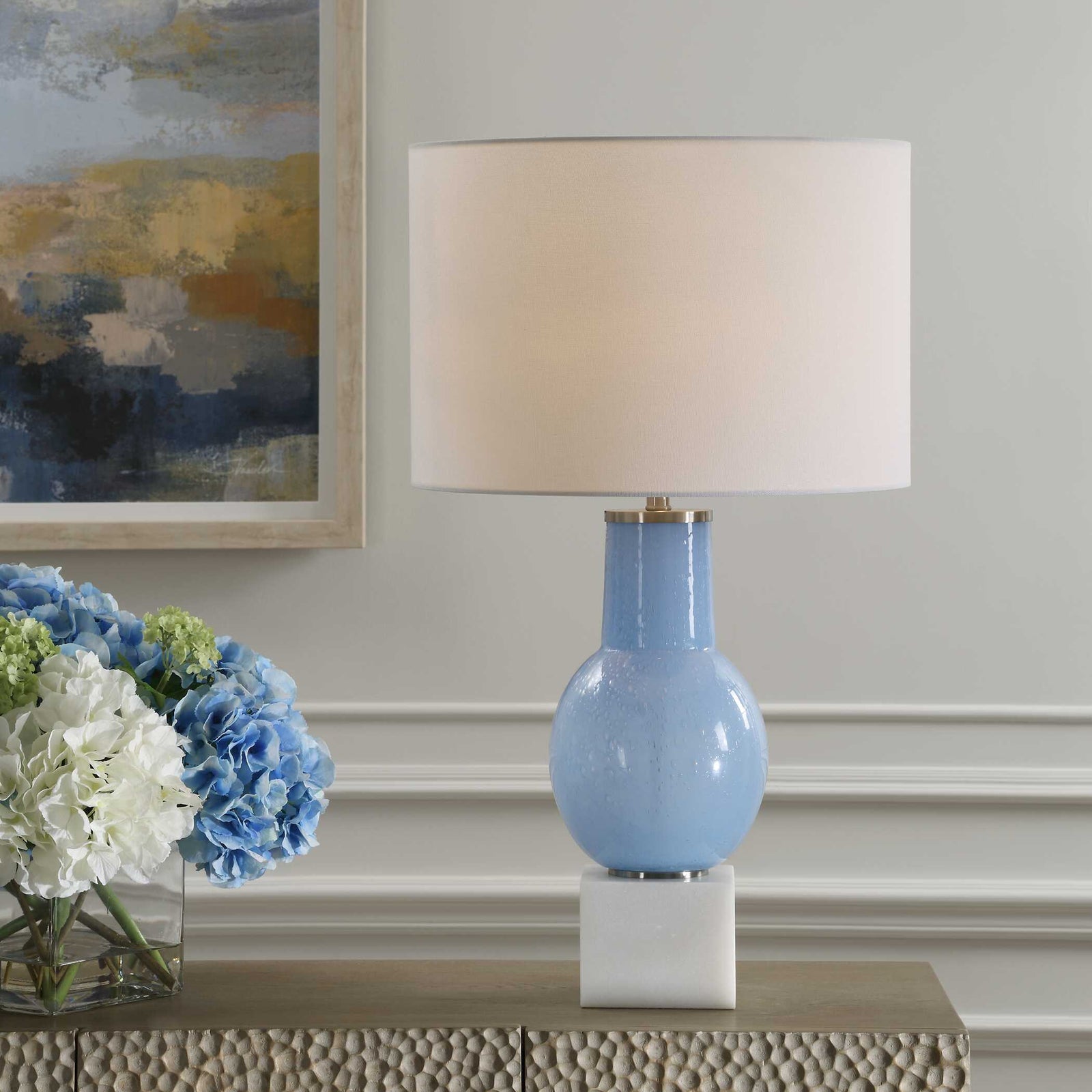 American Home Furniture Uttermost Clear Sky Blue Glass Table Lamp
