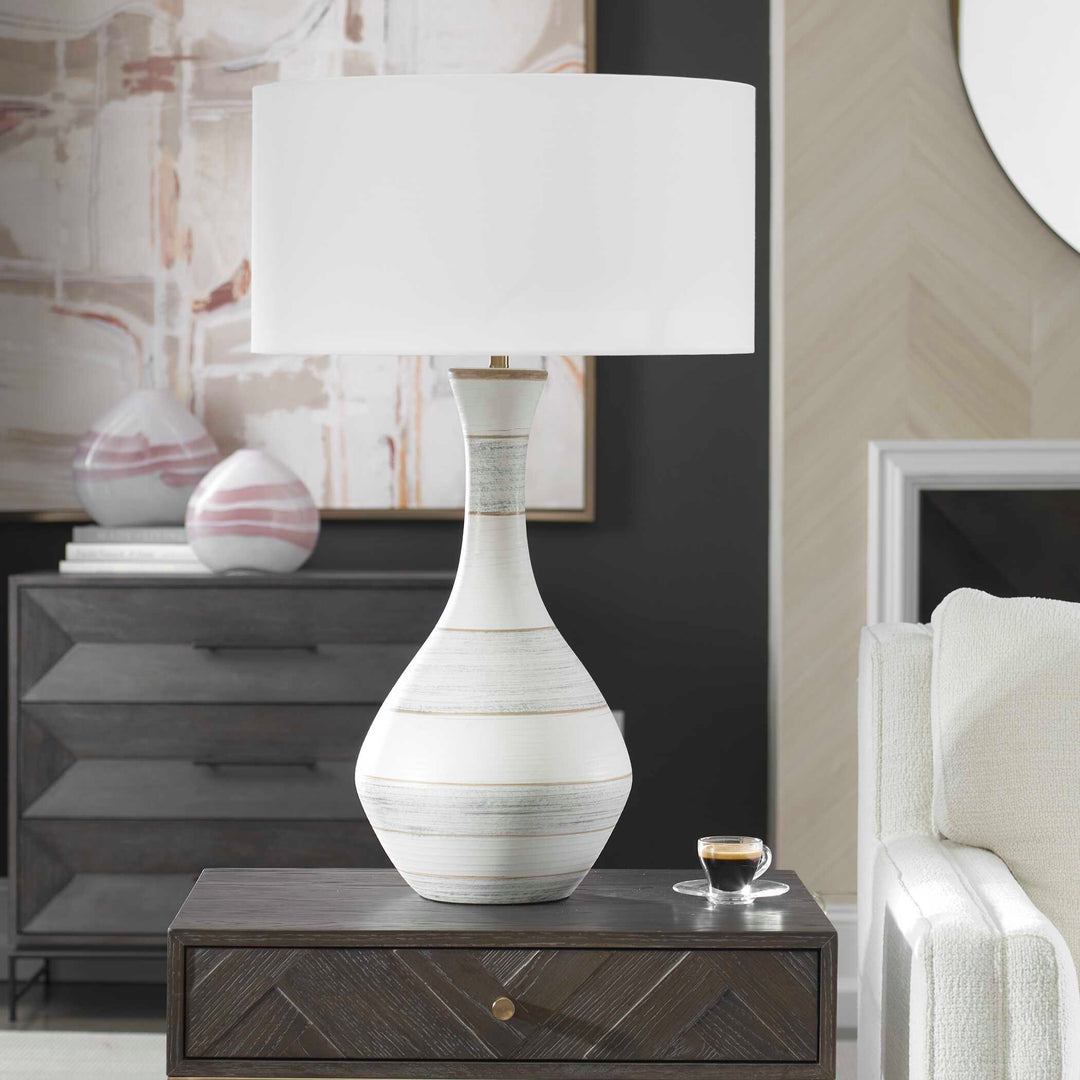 American Home Furniture Uttermost Potter Striped Ivory Blue Table Lamp