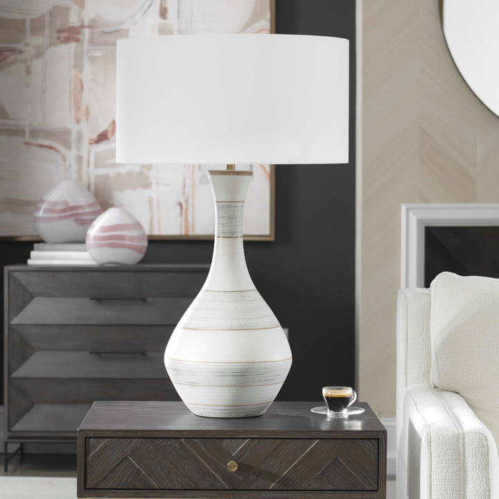 American Home Furniture Uttermost Potter Striped Ivory Blue Table Lamp