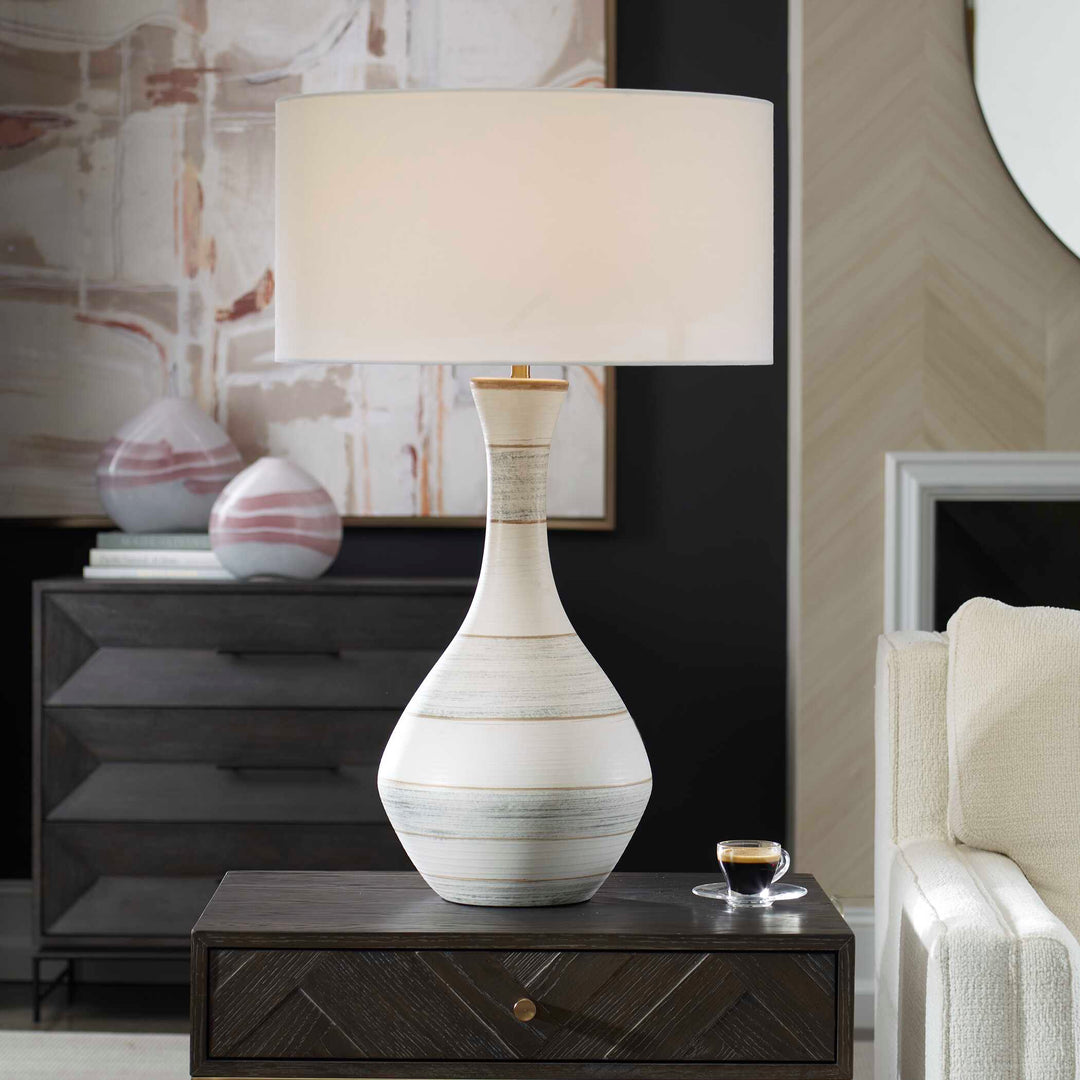American Home Furniture Uttermost Potter Striped Ivory Blue Table Lamp