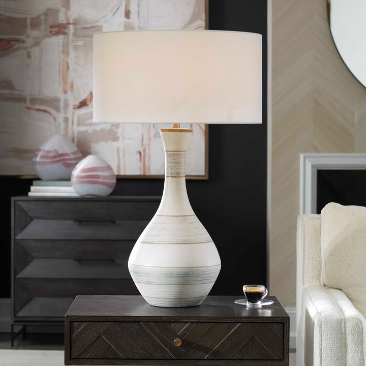 American Home Furniture Uttermost Potter Striped Ivory Blue Table Lamp