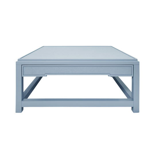 Two Hidden Drawer Coffee Table With Matte Light Blue Lacquer Frame And Inset Light Blue Grasscloth - LOCKLIN LB