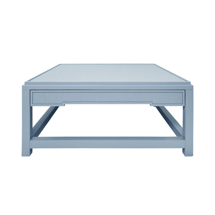 Two Hidden Drawer Coffee Table With Matte Light Blue Lacquer Frame And Inset Light Blue Grasscloth - LOCKLIN LB