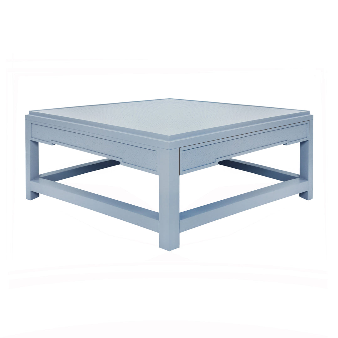 Two Hidden Drawer Coffee Table With Matte Light Blue Lacquer Frame And Inset Light Blue Grasscloth - LOCKLIN LB
