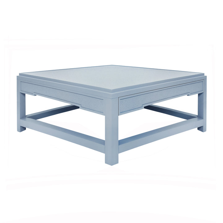Two Hidden Drawer Coffee Table With Matte Light Blue Lacquer Frame And Inset Light Blue Grasscloth - LOCKLIN LB
