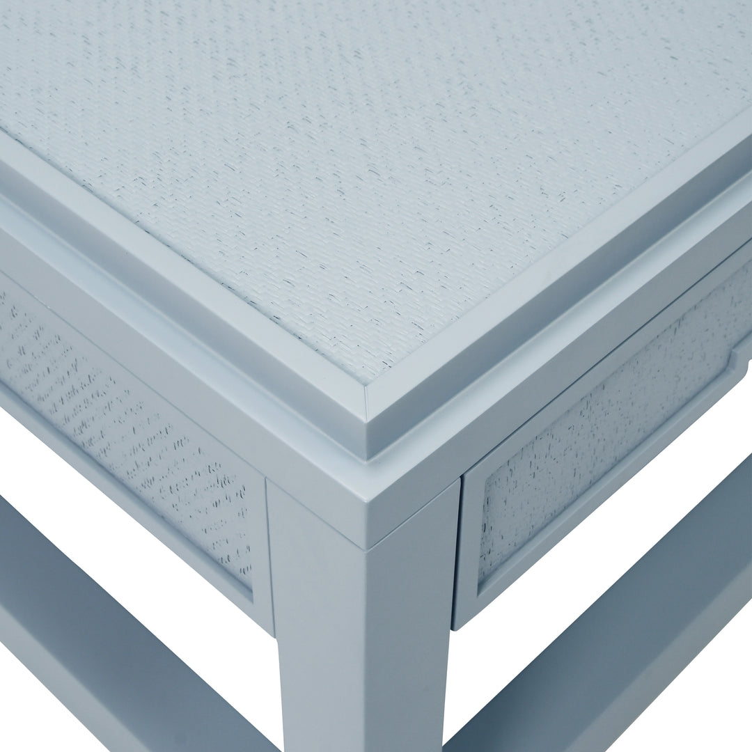 Two Hidden Drawer Coffee Table With Matte Light Blue Lacquer Frame And Inset Light Blue Grasscloth - LOCKLIN LB