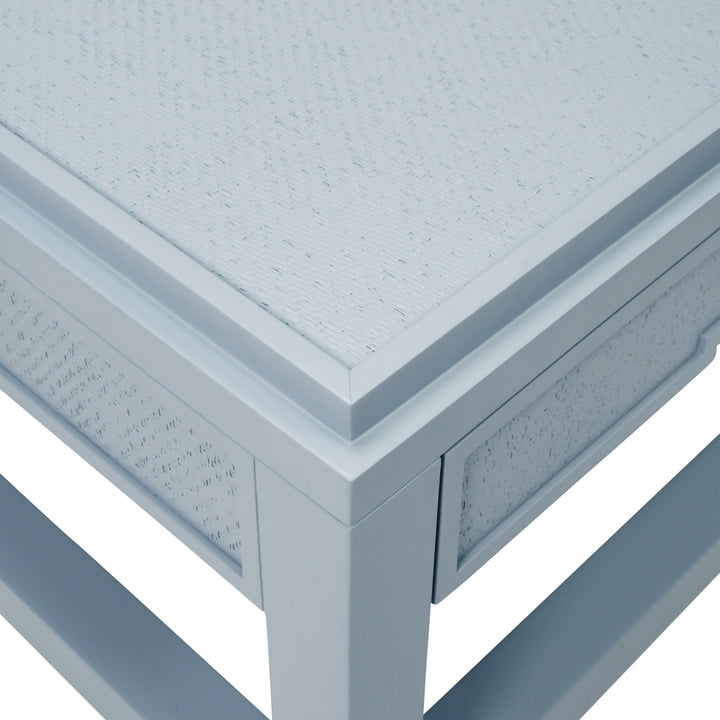 Two Hidden Drawer Coffee Table With Matte Light Blue Lacquer Frame And Inset Light Blue Grasscloth - LOCKLIN LB