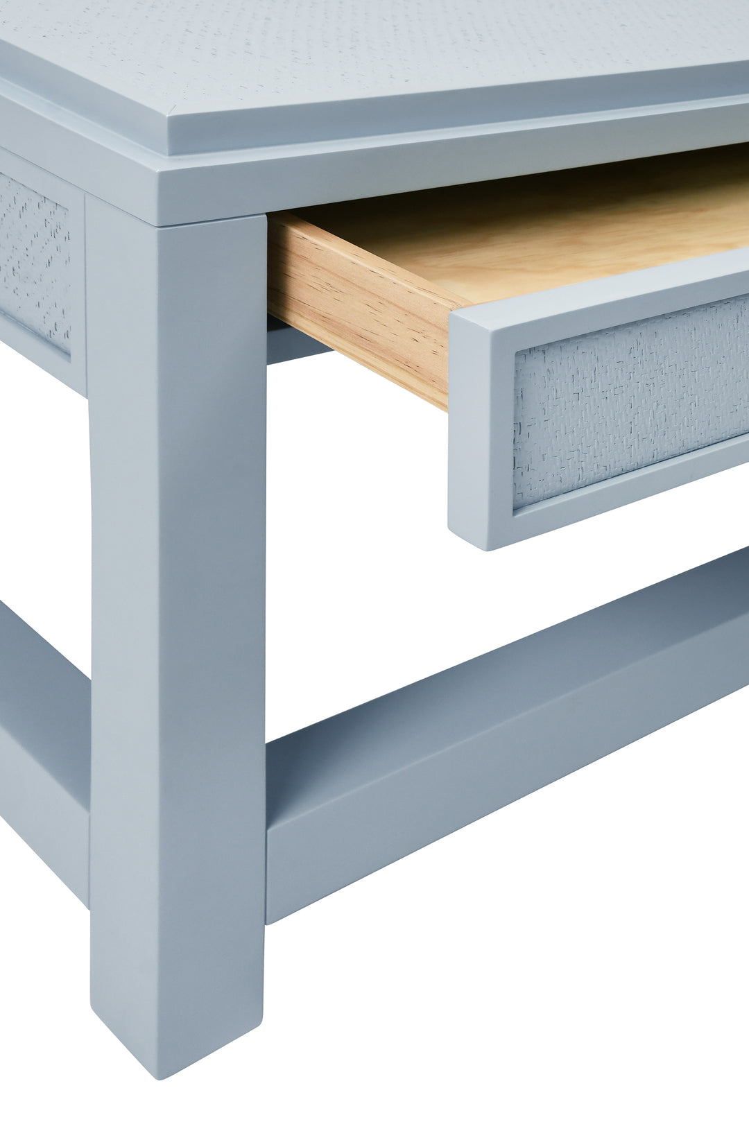 Two Hidden Drawer Coffee Table With Matte Light Blue Lacquer Frame And Inset Light Blue Grasscloth - LOCKLIN LB