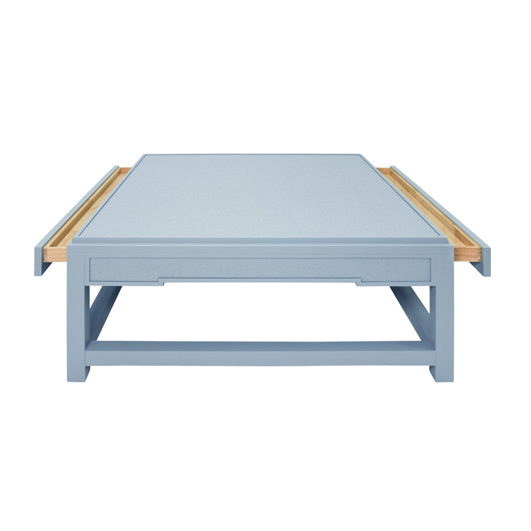 Two Hidden Drawer Coffee Table With Matte Light Blue Lacquer Frame And Inset Light Blue Grasscloth - LOCKLIN LB
