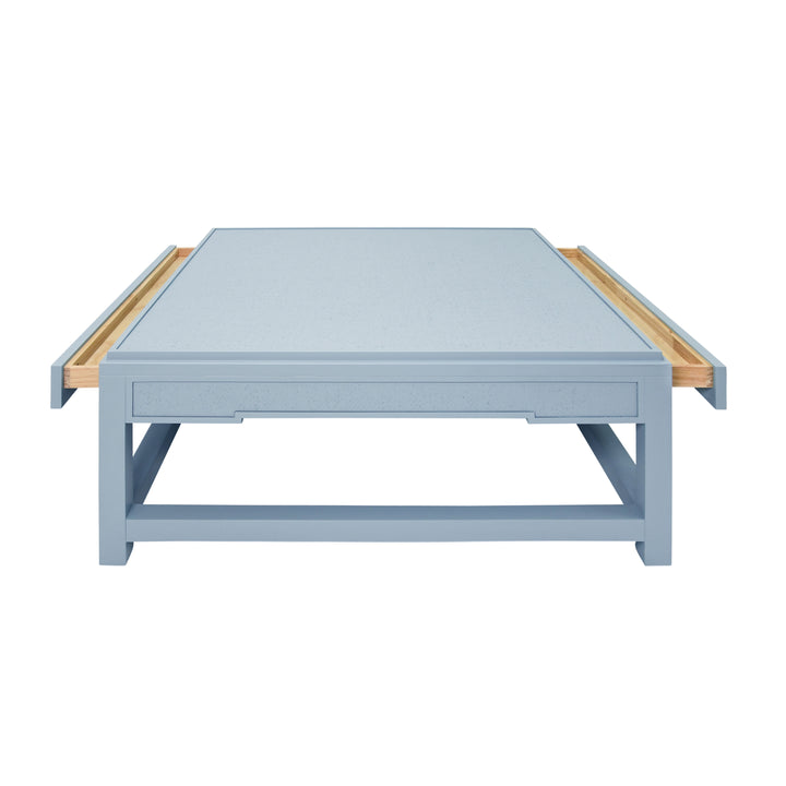 Two Hidden Drawer Coffee Table With Matte Light Blue Lacquer Frame And Inset Light Blue Grasscloth - LOCKLIN LB