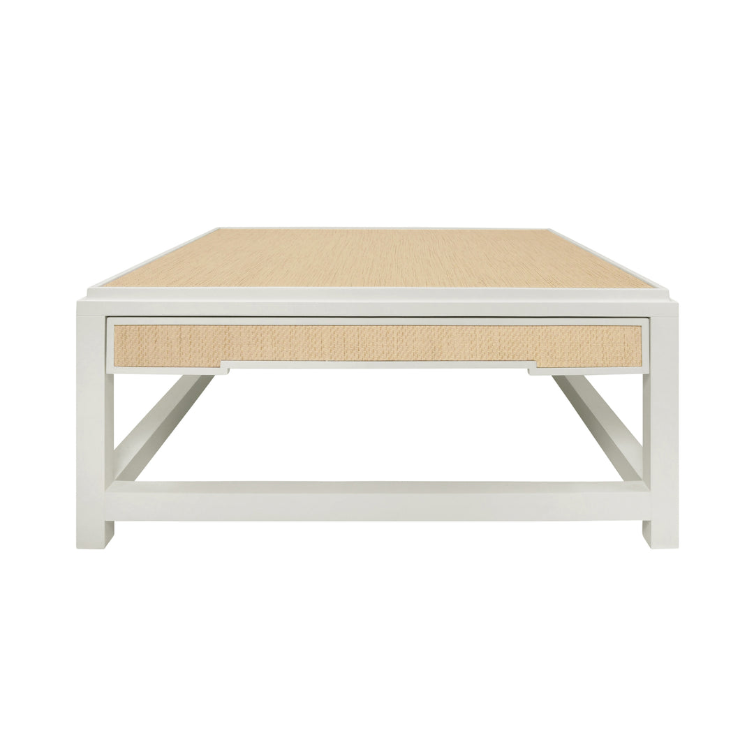 Two Hidden Drawer Coffee Table With Matte White Lacquer Frame And Inset Natural Grasscloth - LOCKLIN NAT