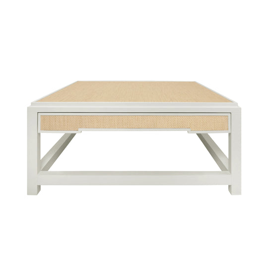 Two Hidden Drawer Coffee Table With Matte White Lacquer Frame And Inset Natural Grasscloth - LOCKLIN NAT