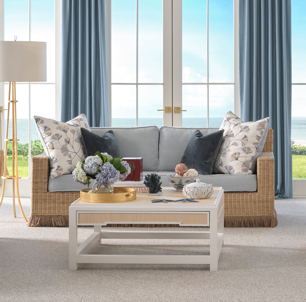 Two Hidden Drawer Coffee Table With Matte White Lacquer Frame And Inset Natural Grasscloth - LOCKLIN NAT
