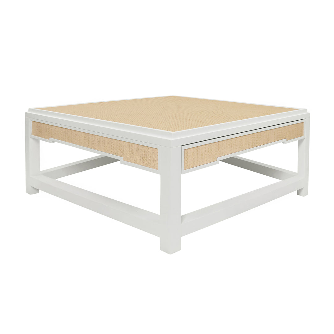 Two Hidden Drawer Coffee Table With Matte White Lacquer Frame And Inset Natural Grasscloth - LOCKLIN NAT