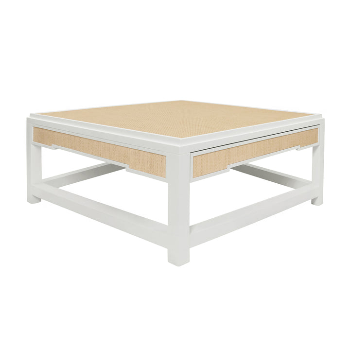 Two Hidden Drawer Coffee Table With Matte White Lacquer Frame And Inset Natural Grasscloth - LOCKLIN NAT