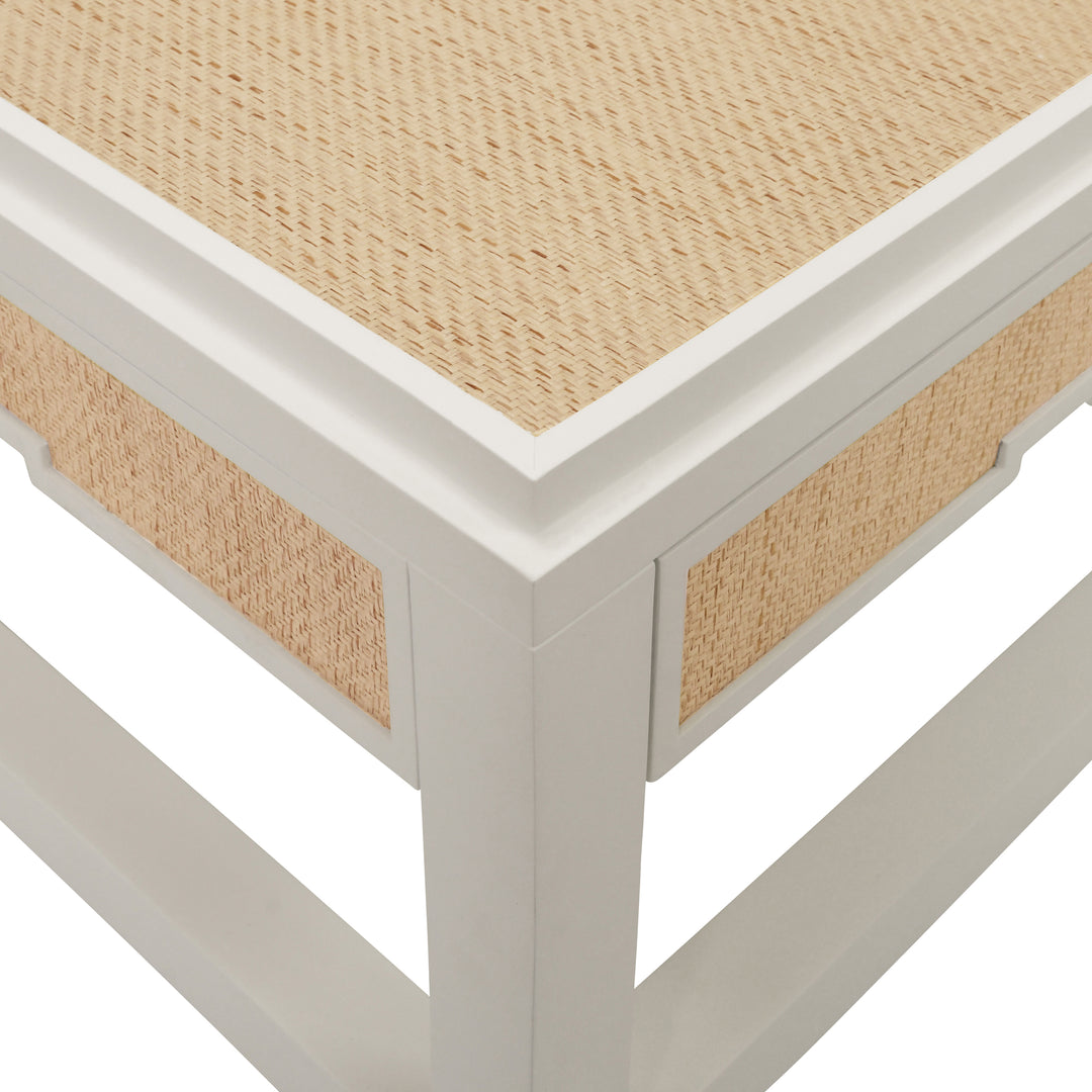 Two Hidden Drawer Coffee Table With Matte White Lacquer Frame And Inset Natural Grasscloth - LOCKLIN NAT