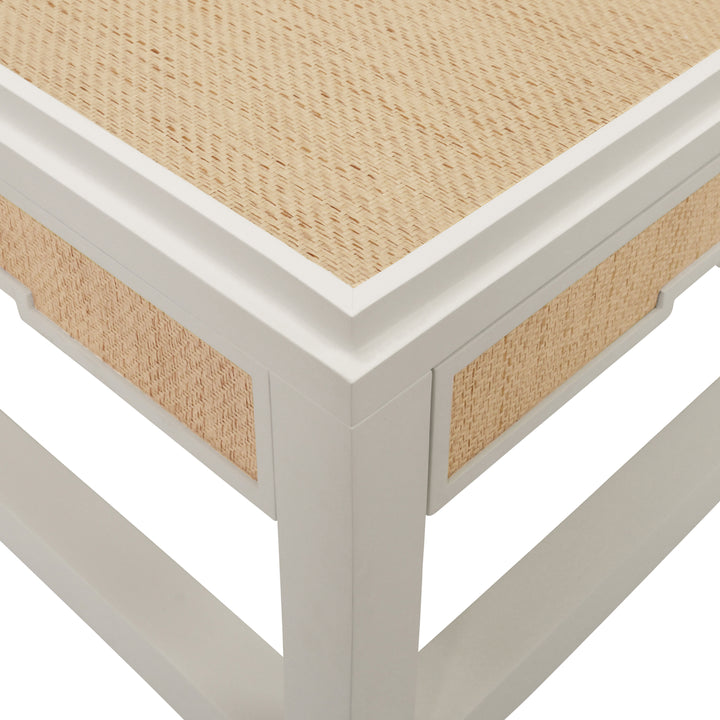 Two Hidden Drawer Coffee Table With Matte White Lacquer Frame And Inset Natural Grasscloth - LOCKLIN NAT
