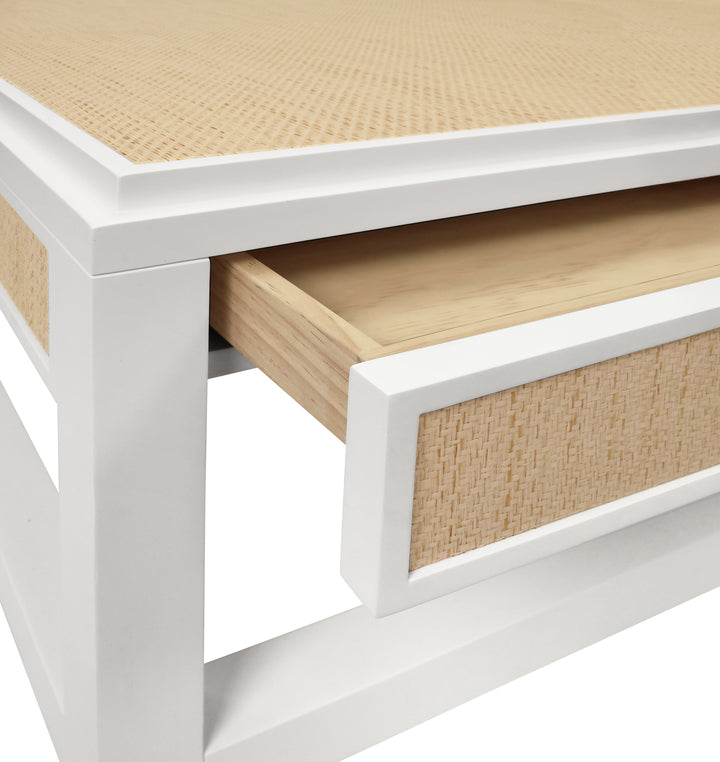 Two Hidden Drawer Coffee Table With Matte White Lacquer Frame And Inset Natural Grasscloth - LOCKLIN NAT