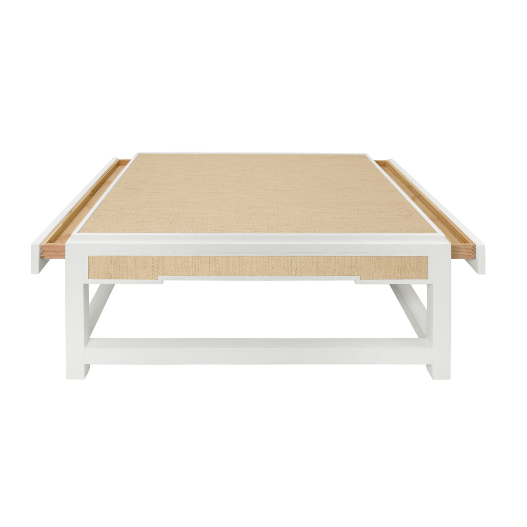 Two Hidden Drawer Coffee Table With Matte White Lacquer Frame And Inset Natural Grasscloth - LOCKLIN NAT