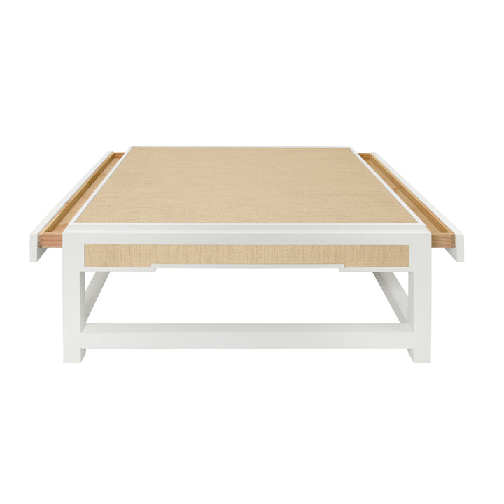 Two Hidden Drawer Coffee Table With Matte White Lacquer Frame And Inset Natural Grasscloth - LOCKLIN NAT