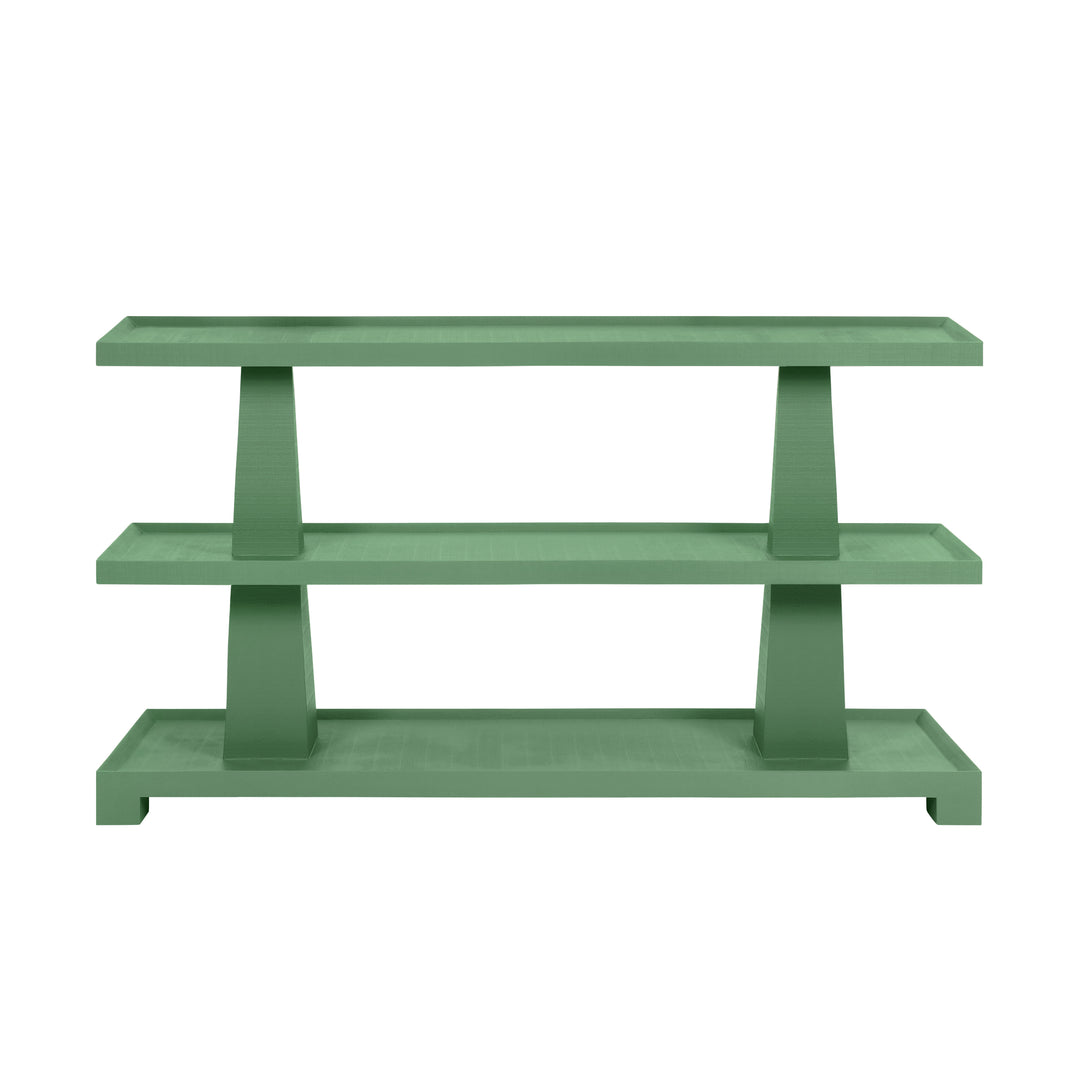 Three Tier Two Column Console In Textured Green Linen - LOWEN GR