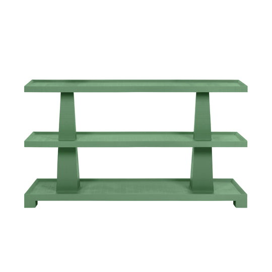 Three Tier Two Column Console In Textured Green Linen - LOWEN GR