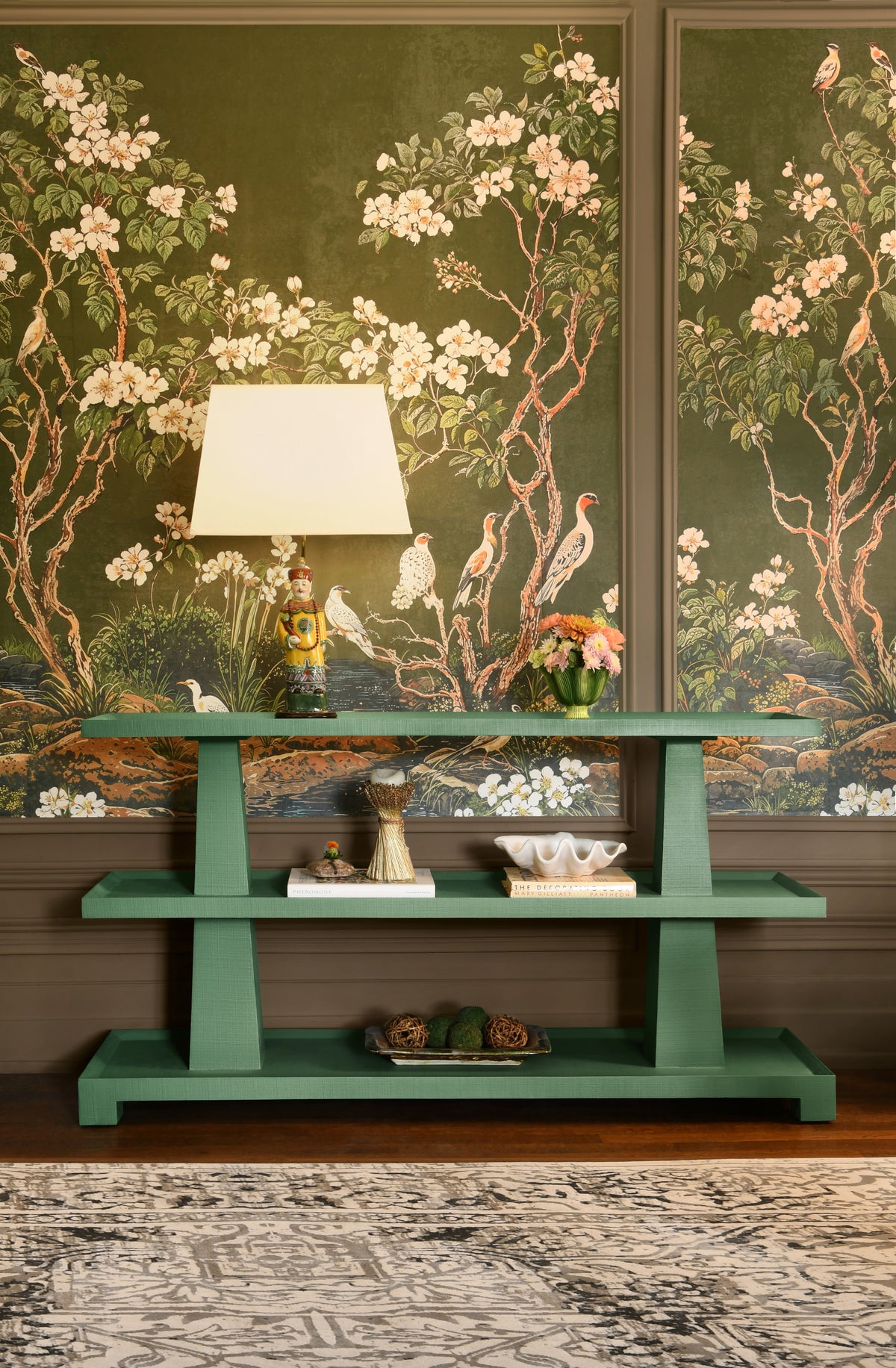 Three Tier Two Column Console In Textured Green Linen - LOWEN GR