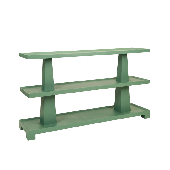 Three Tier Two Column Console In Textured Green Linen - LOWEN GR