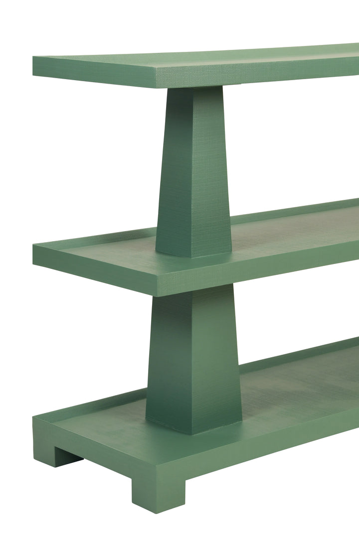 Three Tier Two Column Console In Textured Green Linen - LOWEN GR