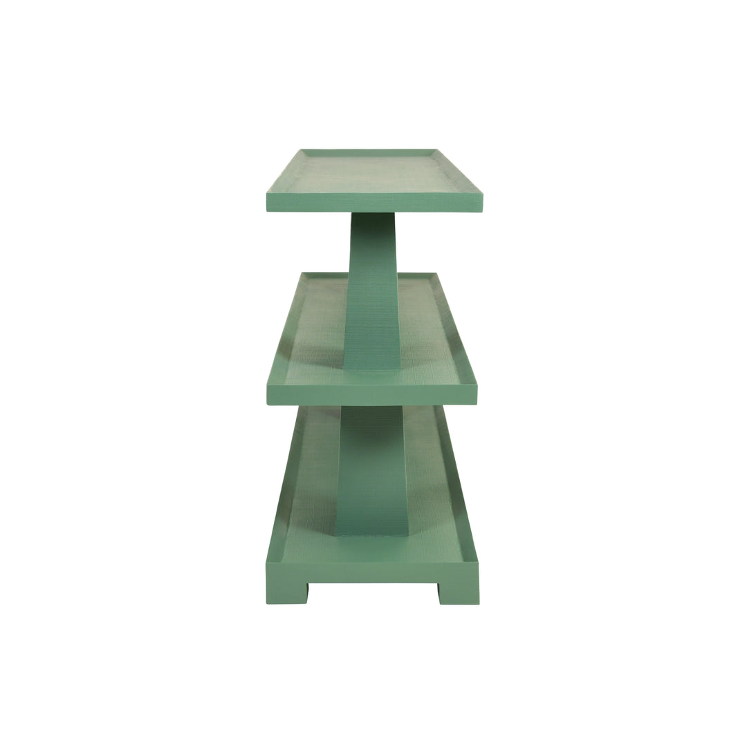 Three Tier Two Column Console In Textured Green Linen - LOWEN GR