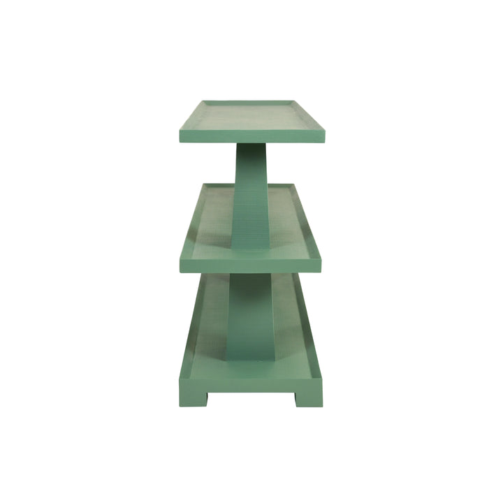 Three Tier Two Column Console In Textured Green Linen - LOWEN GR