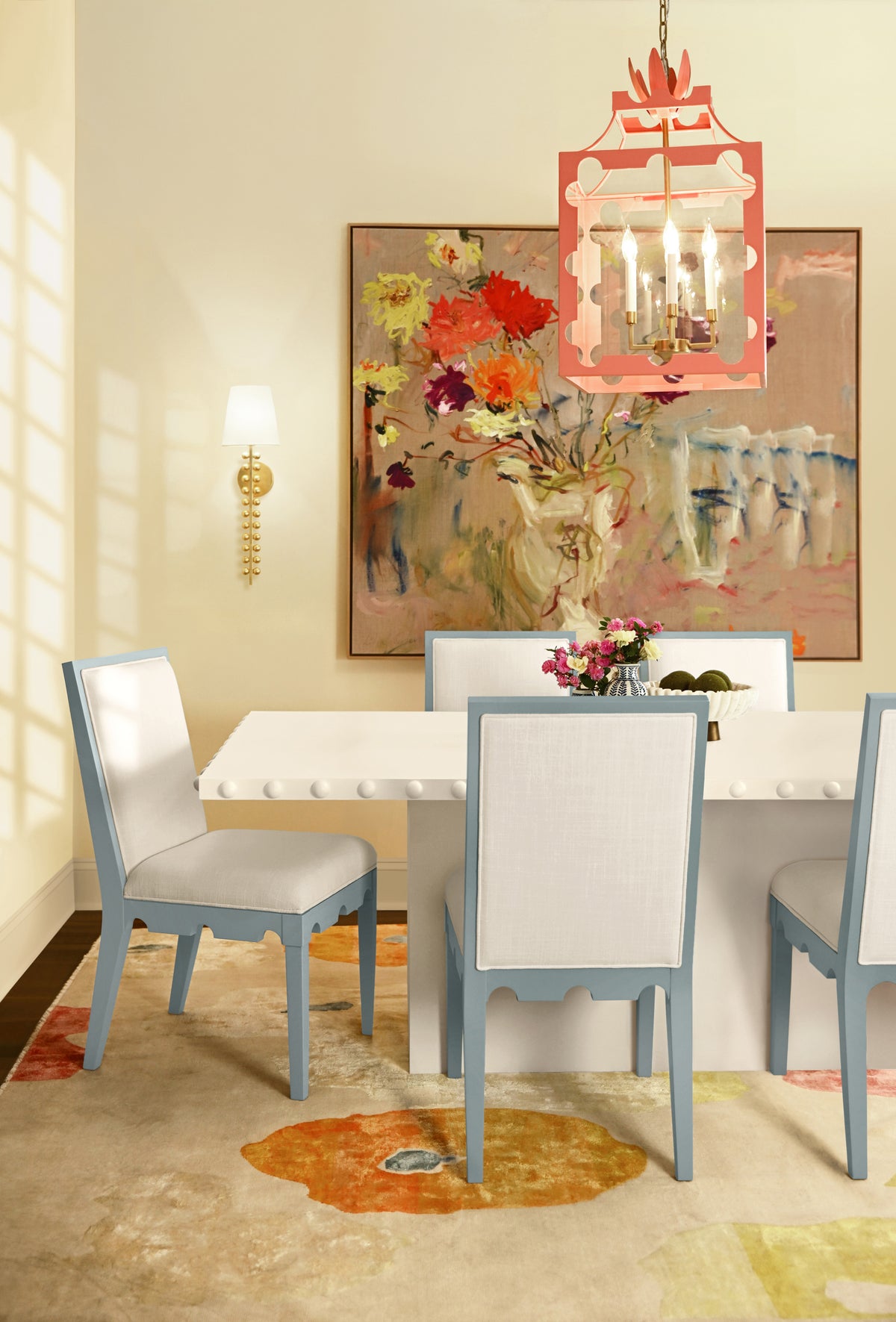 Rectangle Dining Table With Studded Edge Top And Tapered Base In Matte White Lacquer - LUCIAN RT WH