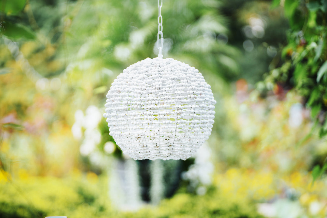 Sphere Shaped Pendant Wrapped With Whitewash Wood Beads - LEENA