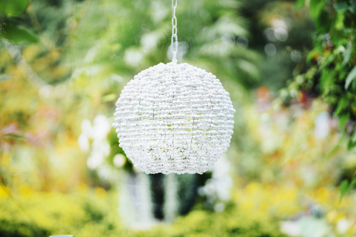 Sphere Shaped Pendant Wrapped With Whitewash Wood Beads - LEENA