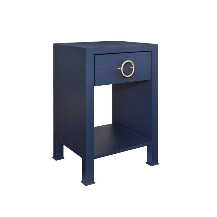 One Drawer Side Table With Antique Brass Circle Hardware In Textured Navy Linen - MALCOLM NVY