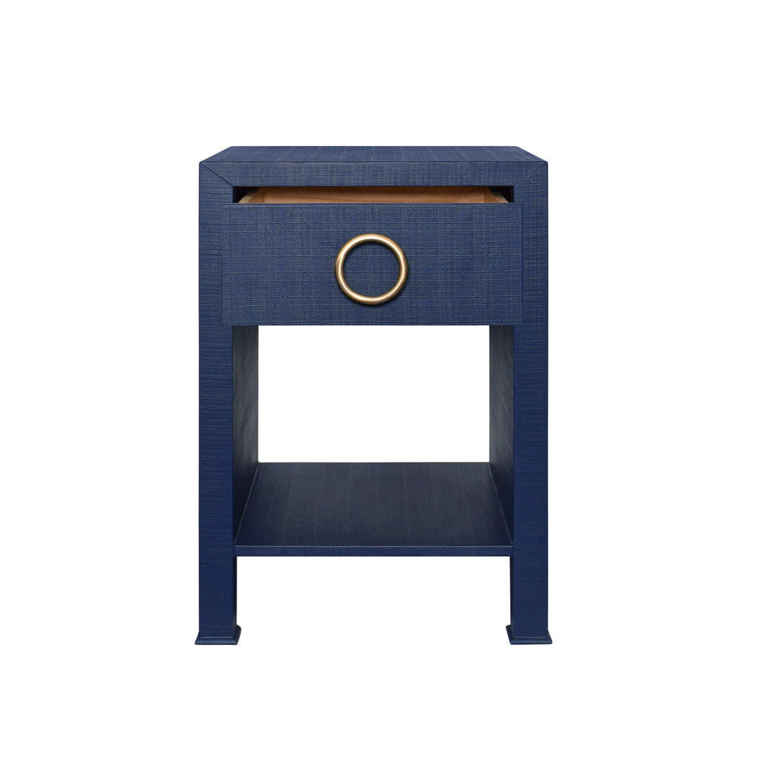 One Drawer Side Table With Antique Brass Circle Hardware In Textured Navy Linen - MALCOLM NVY