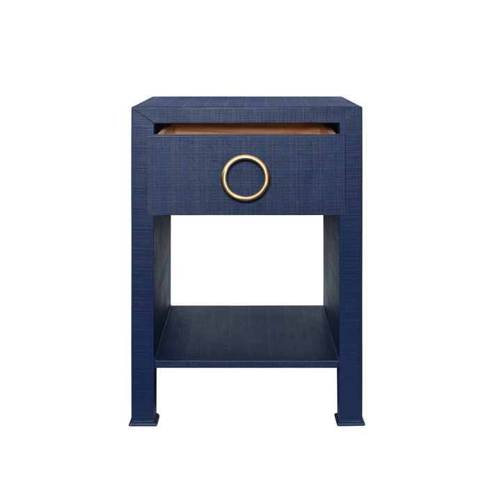 One Drawer Side Table With Antique Brass Circle Hardware In Textured Navy Linen - MALCOLM NVY