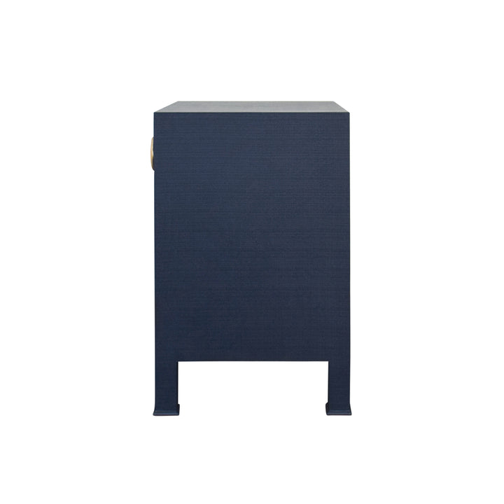 One Drawer Side Table With Antique Brass Circle Hardware In Textured Navy Linen - MALCOLM NVY