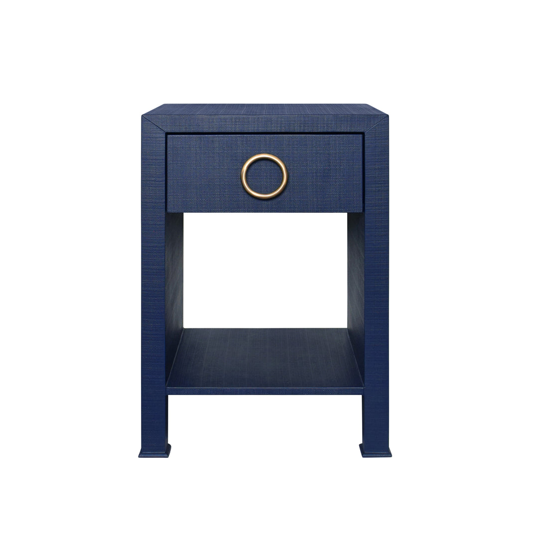 One Drawer Side Table With Antique Brass Circle Hardware In Textured Navy Linen - MALCOLM NVY