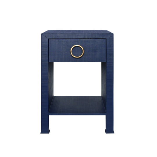 One Drawer Side Table With Antique Brass Circle Hardware In Textured Navy Linen - MALCOLM NVY